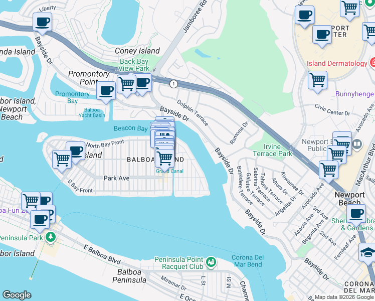 map of restaurants, bars, coffee shops, grocery stores, and more near 1520 Abalone Place in Newport Beach