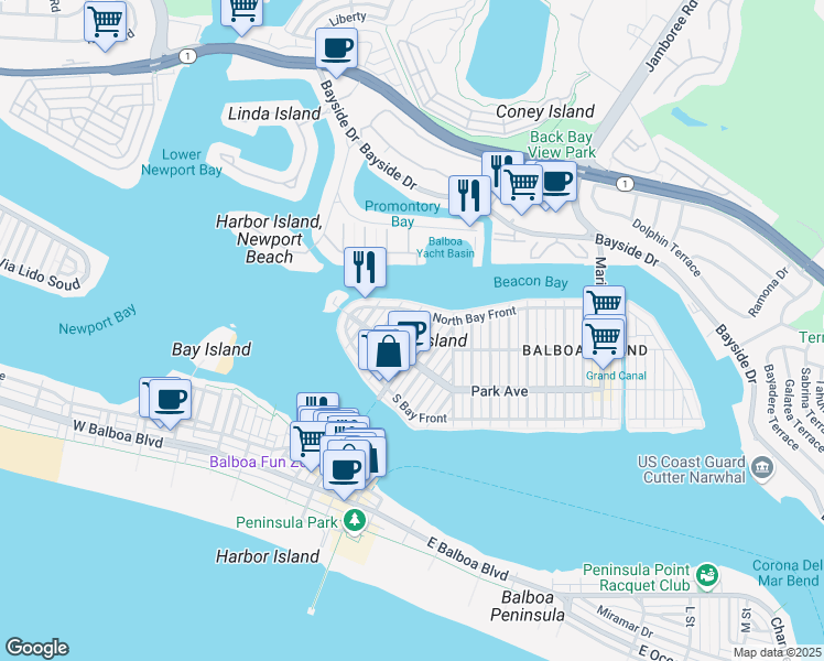 map of restaurants, bars, coffee shops, grocery stores, and more near in Newport Beach