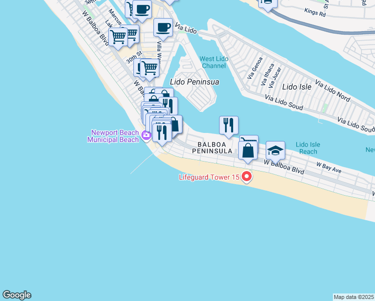 map of restaurants, bars, coffee shops, grocery stores, and more near 1811 West Balboa Boulevard in Newport Beach