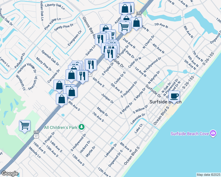 map of restaurants, bars, coffee shops, grocery stores, and more near 624 6th Avenue South in Surfside Beach