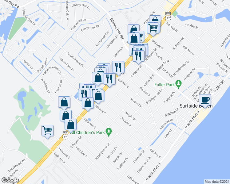 map of restaurants, bars, coffee shops, grocery stores, and more near 417 South Poplar Drive in Surfside Beach