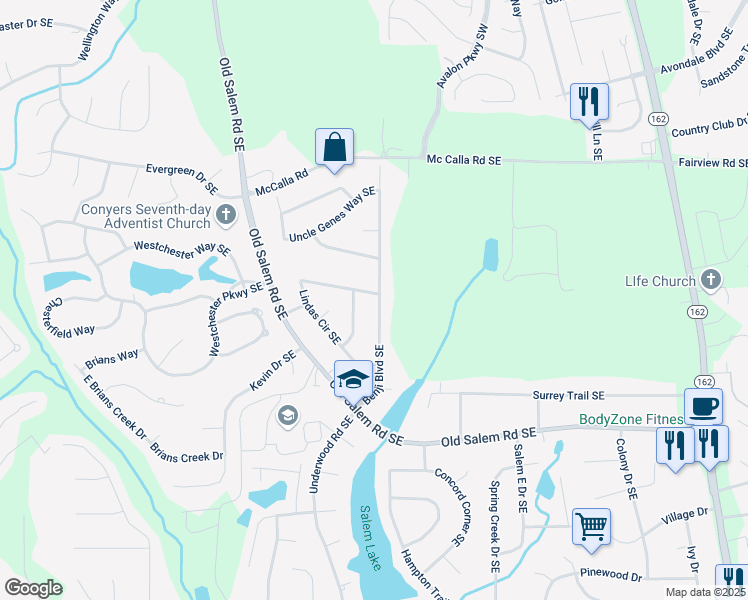 map of restaurants, bars, coffee shops, grocery stores, and more near 2343 Benji Boulevard Southeast in Conyers