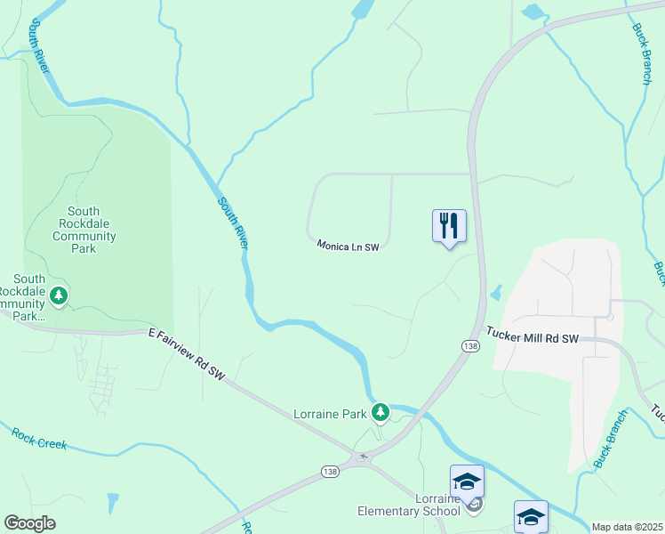 map of restaurants, bars, coffee shops, grocery stores, and more near 3452 Monica Lane Southwest in Conyers