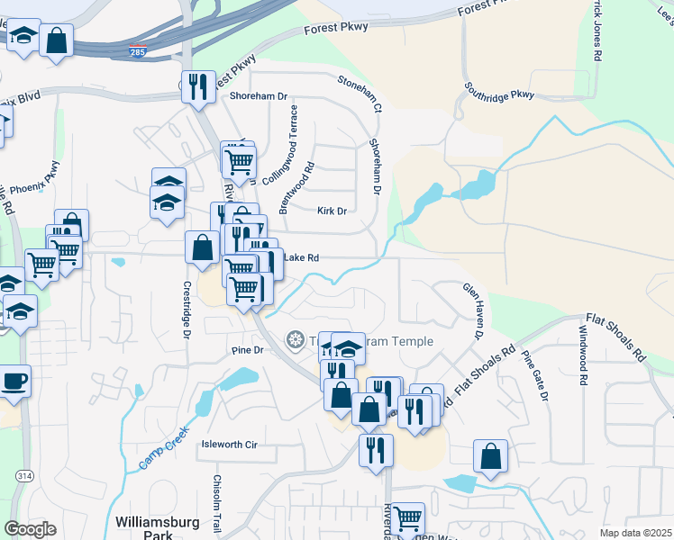 map of restaurants, bars, coffee shops, grocery stores, and more near 1302 Crystal Lake Road in Atlanta