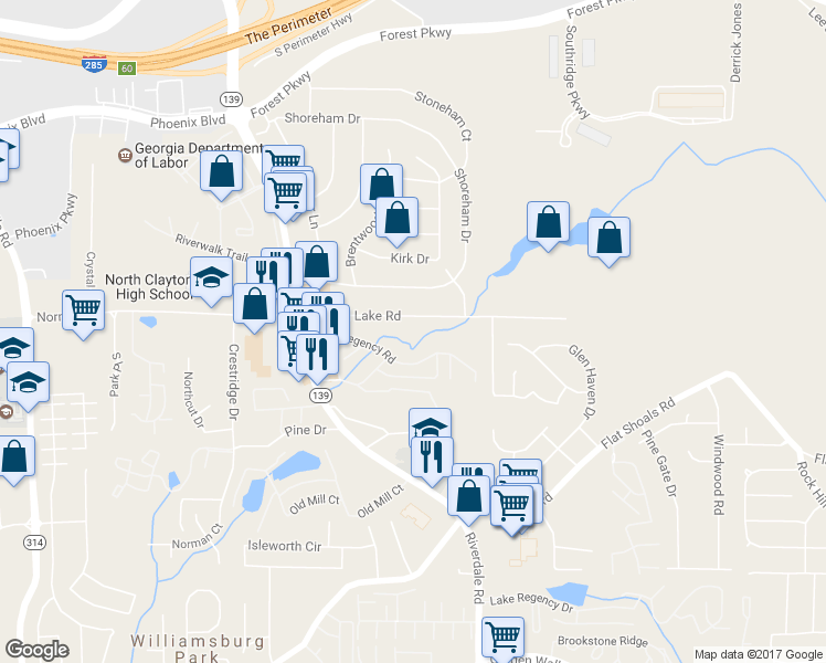map of restaurants, bars, coffee shops, grocery stores, and more near 1302 Crystal Lake Road in Atlanta