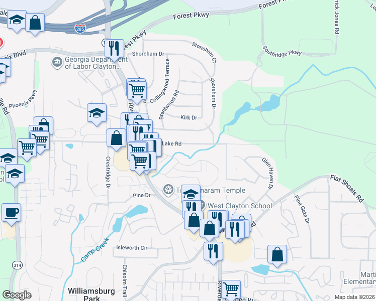 map of restaurants, bars, coffee shops, grocery stores, and more near 1302 Crystal Lake Road in Atlanta