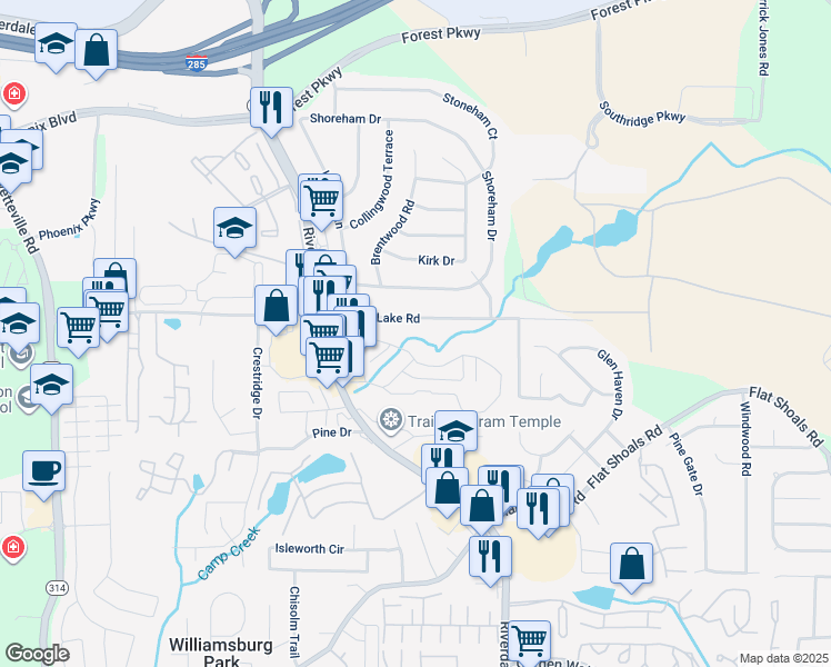 map of restaurants, bars, coffee shops, grocery stores, and more near 1302 Crystal Lake Road in Atlanta