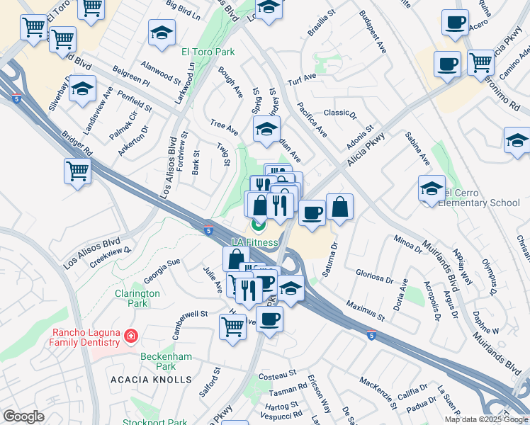 map of restaurants, bars, coffee shops, grocery stores, and more near 24451 Alicia Parkway in Mission Viejo