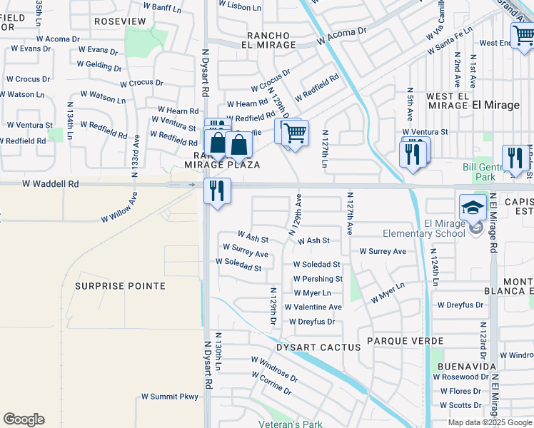 map of restaurants, bars, coffee shops, grocery stores, and more near 12935 West Voltaire Avenue in El Mirage