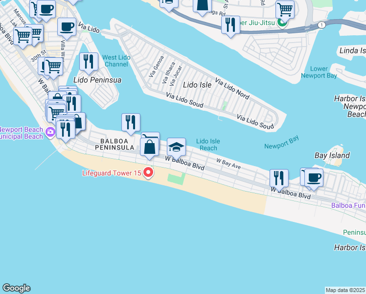 map of restaurants, bars, coffee shops, grocery stores, and more near 1324 West Bay Avenue in Newport Beach