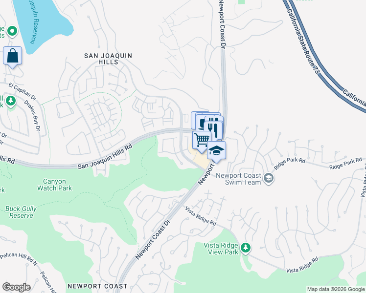 map of restaurants, bars, coffee shops, grocery stores, and more near 29 Ridge Park Road in Newport Beach