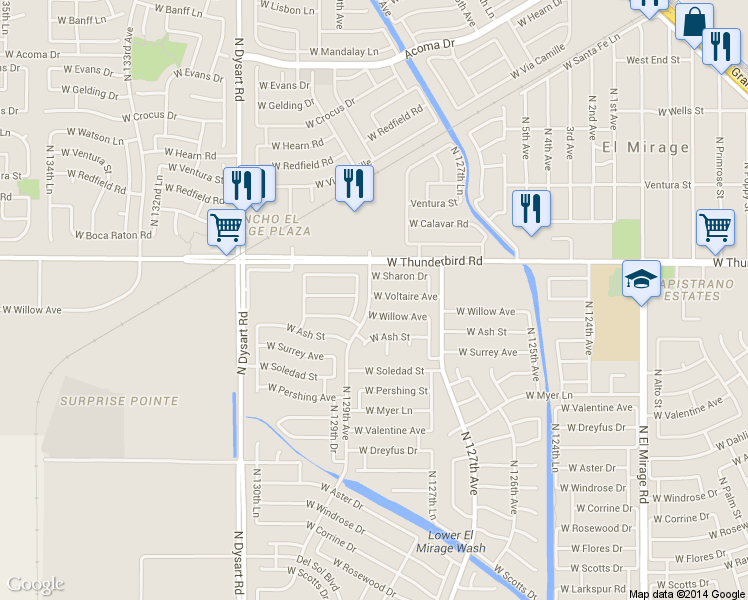 map of restaurants, bars, coffee shops, grocery stores, and more near 13621 North 129th Drive in El Mirage