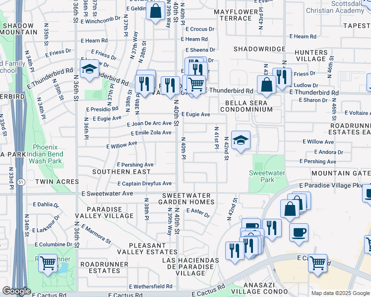 map of restaurants, bars, coffee shops, grocery stores, and more near 13227 North 40th Place in Phoenix