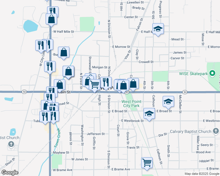 map of restaurants, bars, coffee shops, grocery stores, and more near in West Point
