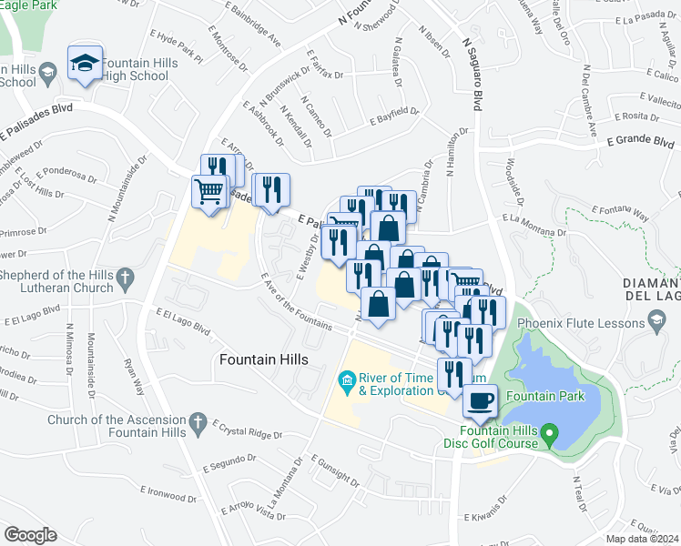 map of restaurants, bars, coffee shops, grocery stores, and more near 16605 East Palisades Boulevard in Fountain Hills