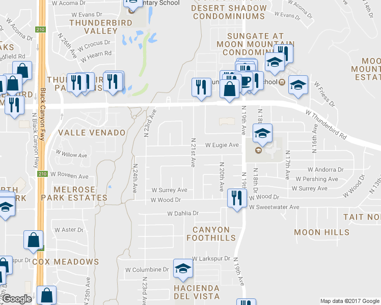 map of restaurants, bars, coffee shops, grocery stores, and more near 2102 West Joan De Arc Avenue in Phoenix