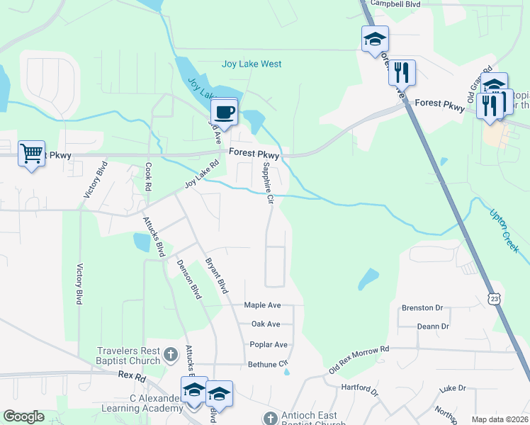 map of restaurants, bars, coffee shops, grocery stores, and more near 5403 Sapphire Circle in Ellenwood