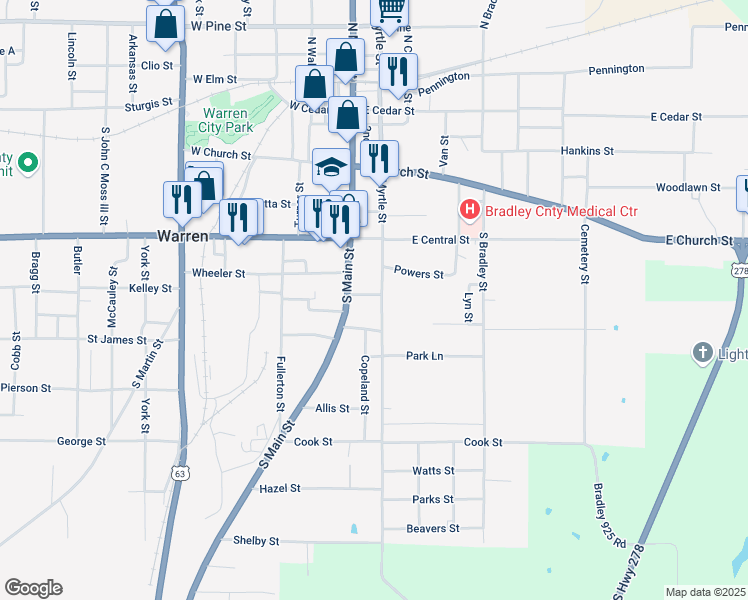 map of restaurants, bars, coffee shops, grocery stores, and more near 509 South Main Street in Warren