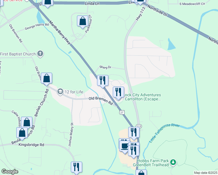 map of restaurants, bars, coffee shops, grocery stores, and more near 1441 North Park Street in Carrollton