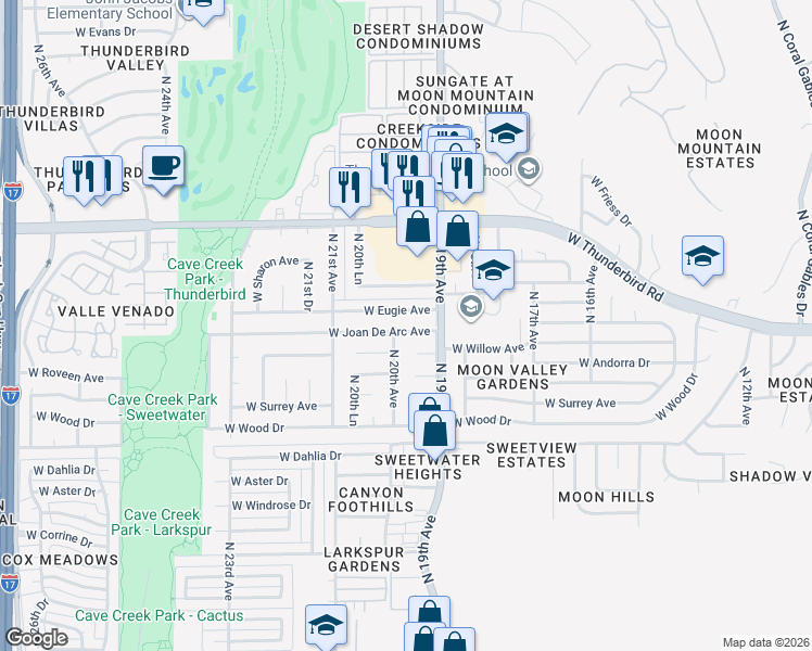 map of restaurants, bars, coffee shops, grocery stores, and more near 1930 West Joan De Arc Avenue in Phoenix