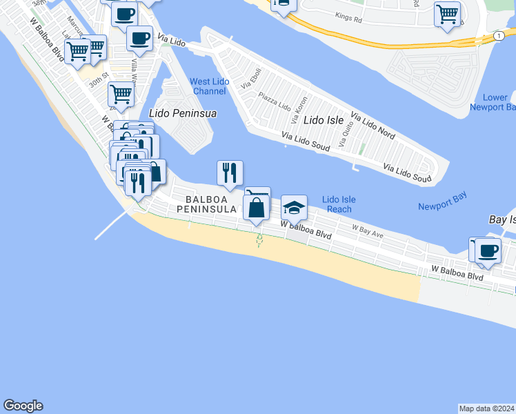 map of restaurants, bars, coffee shops, grocery stores, and more near 211 15th Street in Newport Beach