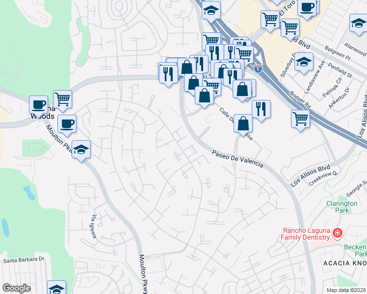 map of restaurants, bars, coffee shops, grocery stores, and more near 39 Calle Aragon in Laguna Woods