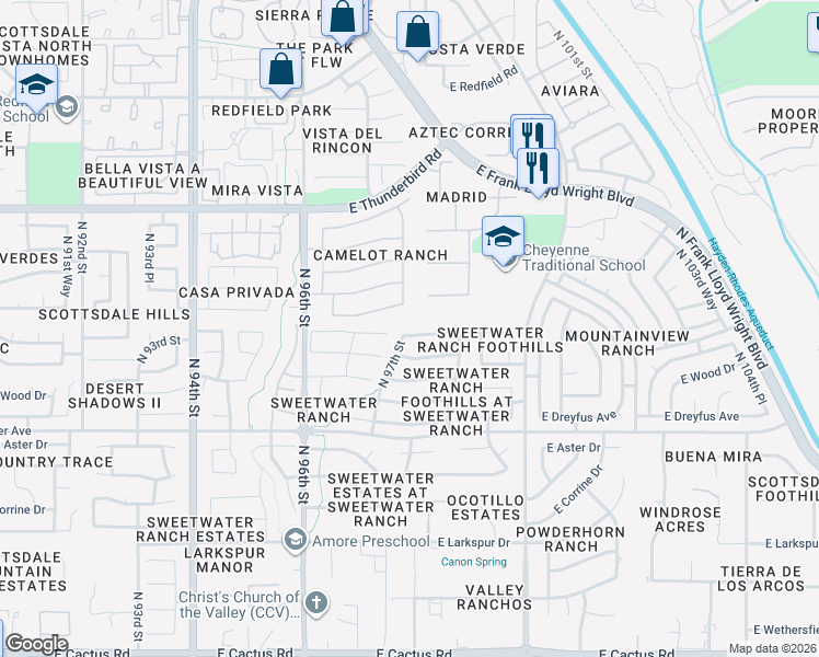 map of restaurants, bars, coffee shops, grocery stores, and more near 9716 East Sutton Drive in Scottsdale