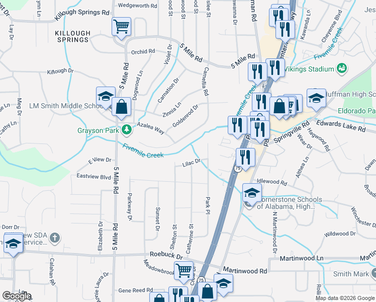 map of restaurants, bars, coffee shops, grocery stores, and more near 502 Lilac Drive in Birmingham