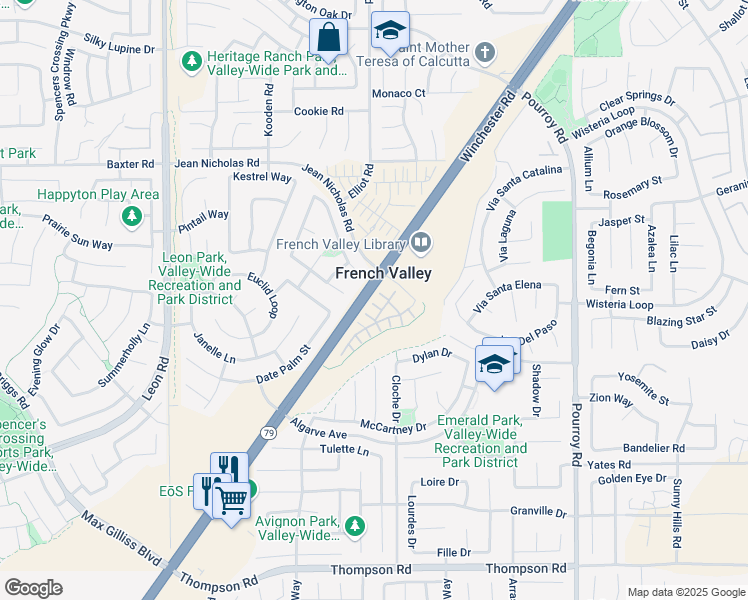 map of restaurants, bars, coffee shops, grocery stores, and more near 31524 Alicante Loop in Winchester