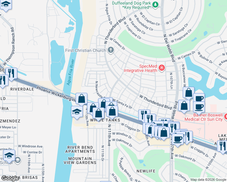 map of restaurants, bars, coffee shops, grocery stores, and more near 13633 North 111th Avenue in Sun City