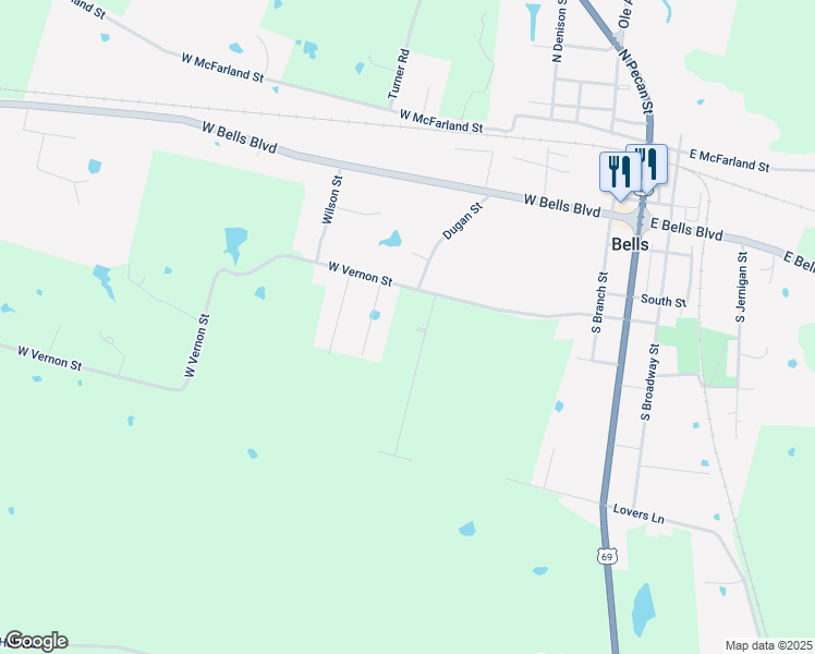 map of restaurants, bars, coffee shops, grocery stores, and more near 310 Shelby Trail in Bells