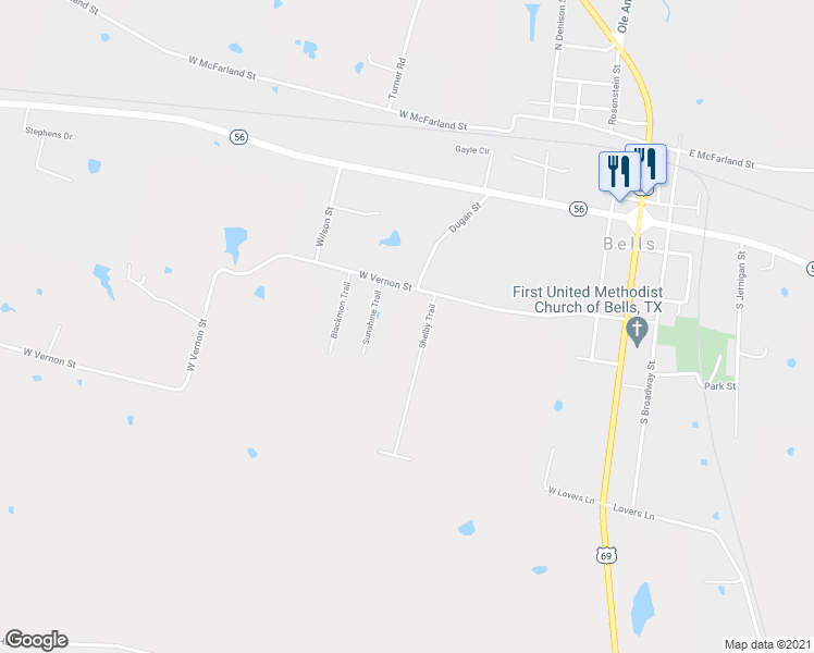 map of restaurants, bars, coffee shops, grocery stores, and more near 310 Shelby Trail in Bells