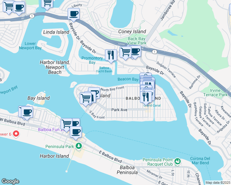map of restaurants, bars, coffee shops, grocery stores, and more near 315 Diamond Avenue in Newport Beach