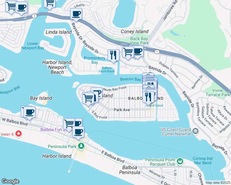 map of restaurants, bars, coffee shops, grocery stores, and more near 314 Ruby Avenue in Newport Beach