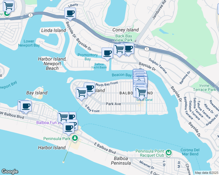 map of restaurants, bars, coffee shops, grocery stores, and more near 315 Diamond Avenue in Newport Beach