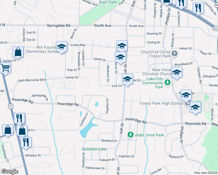 map of restaurants, bars, coffee shops, grocery stores, and more near 5405 Lee Circle in Forest Park