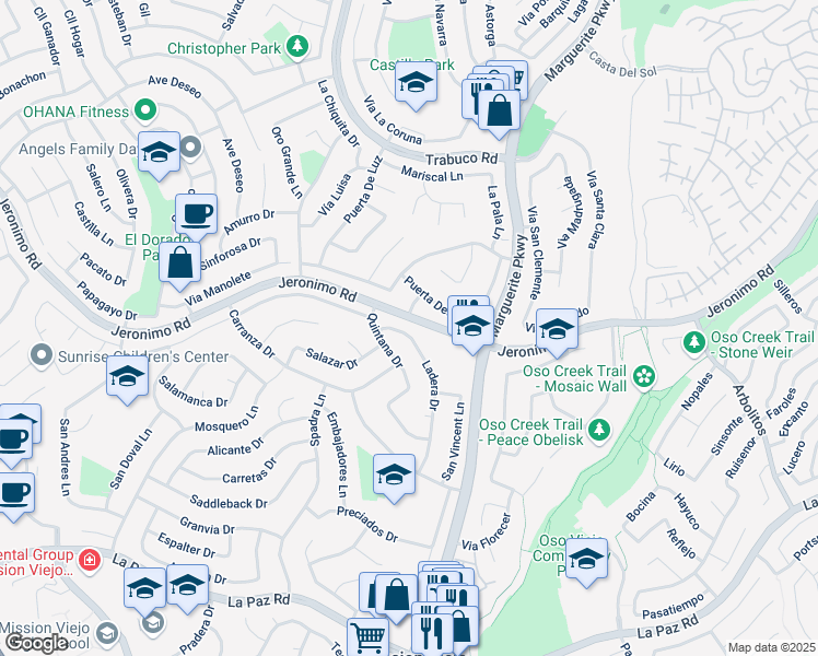 map of restaurants, bars, coffee shops, grocery stores, and more near 24472 Ladera Drive in Mission Viejo