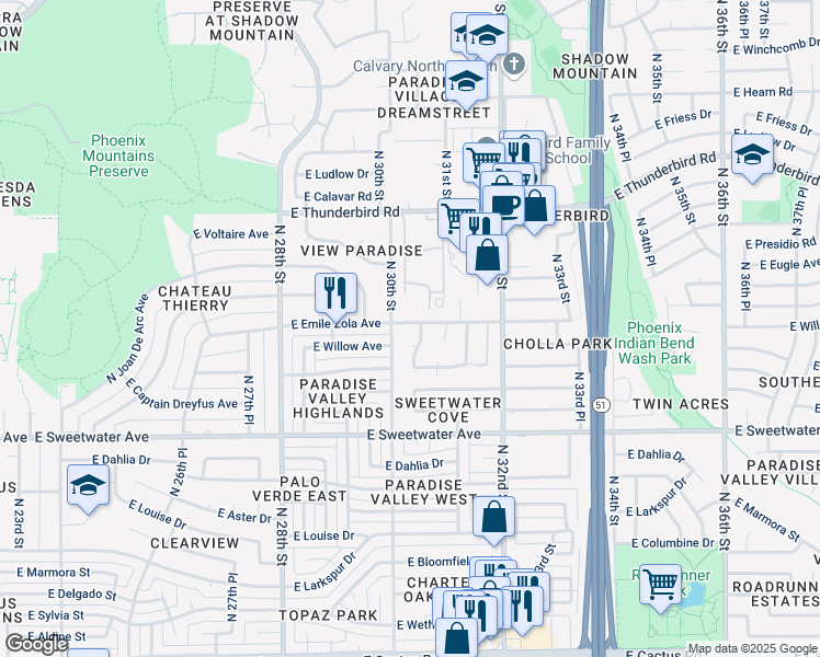 map of restaurants, bars, coffee shops, grocery stores, and more near 3015 East Emile Zola Avenue in Phoenix