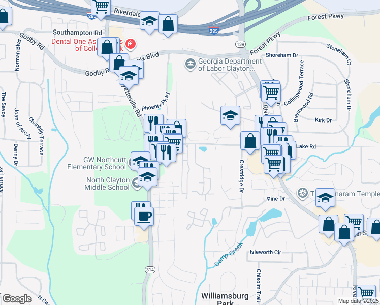 map of restaurants, bars, coffee shops, grocery stores, and more near 5418 Park Place South in Atlanta
