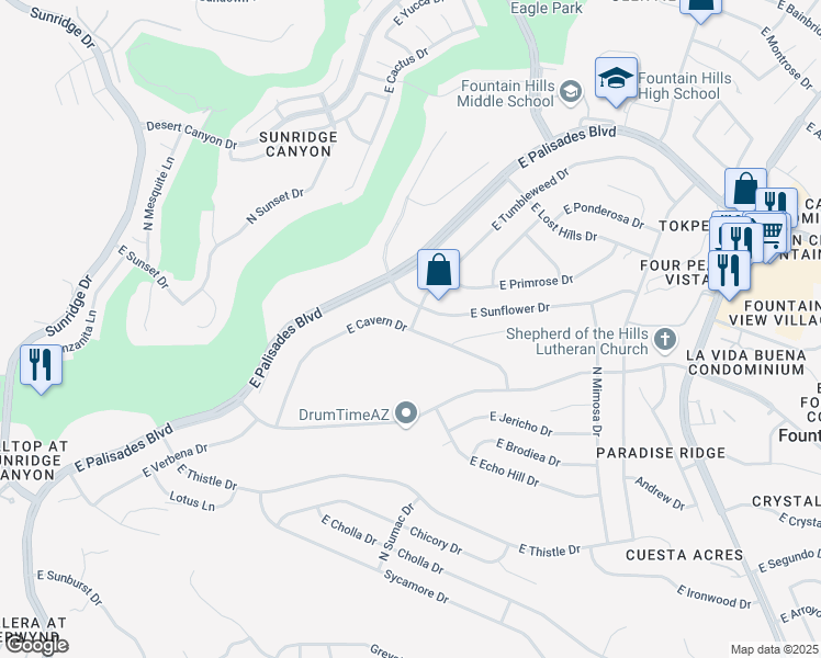 map of restaurants, bars, coffee shops, grocery stores, and more near 15600 East Tumbleweed Drive in Fountain Hills