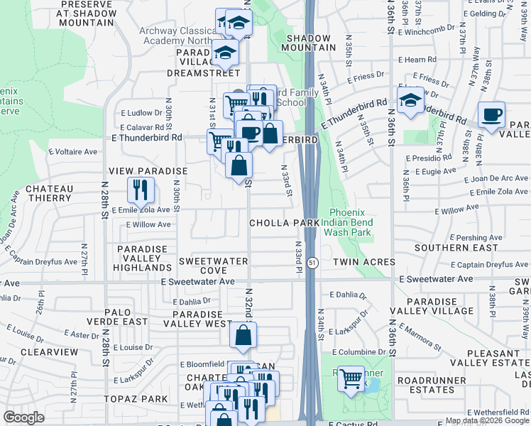 map of restaurants, bars, coffee shops, grocery stores, and more near 3214 East Andorra Drive in Phoenix