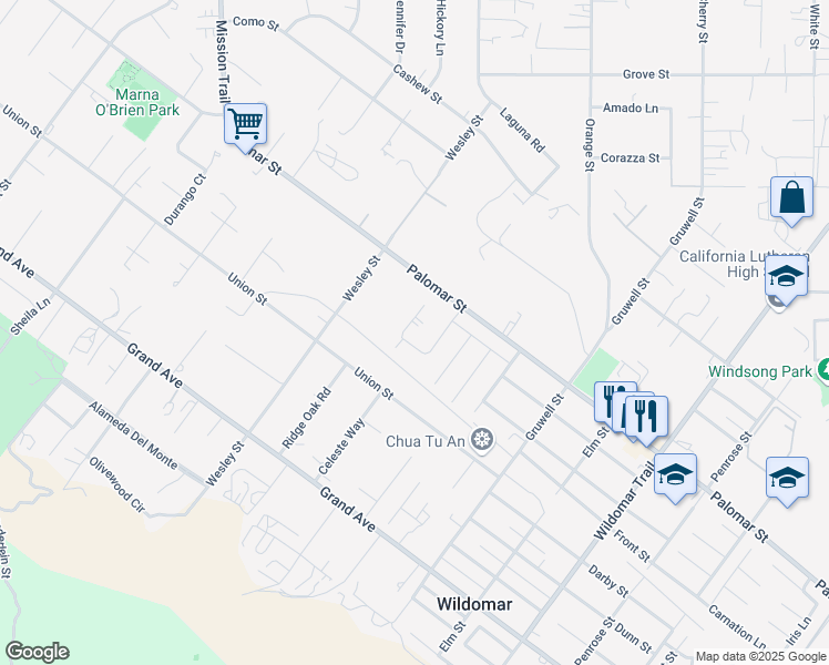 map of restaurants, bars, coffee shops, grocery stores, and more near 32600 Jensen Lane in Wildomar