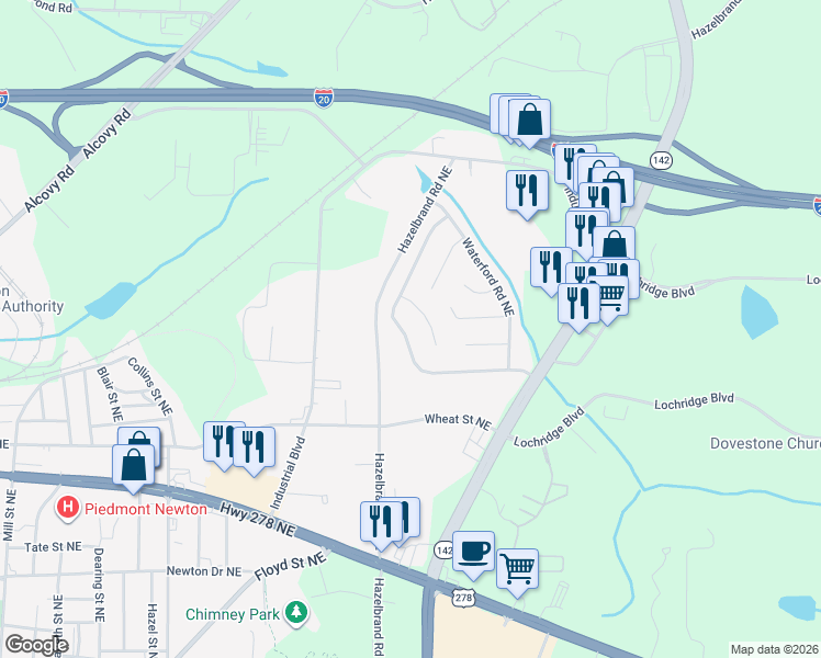 map of restaurants, bars, coffee shops, grocery stores, and more near 9321 Settlers Grove Road Northeast in Covington