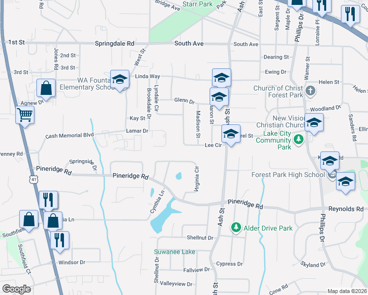 map of restaurants, bars, coffee shops, grocery stores, and more near 5381 Lee Circle in Forest Park