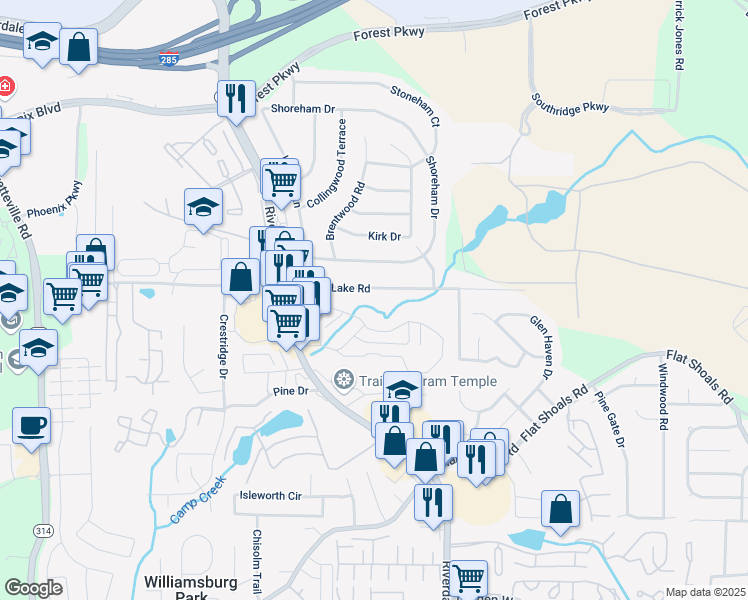 map of restaurants, bars, coffee shops, grocery stores, and more near 1302 Crystal Lake Road in Atlanta