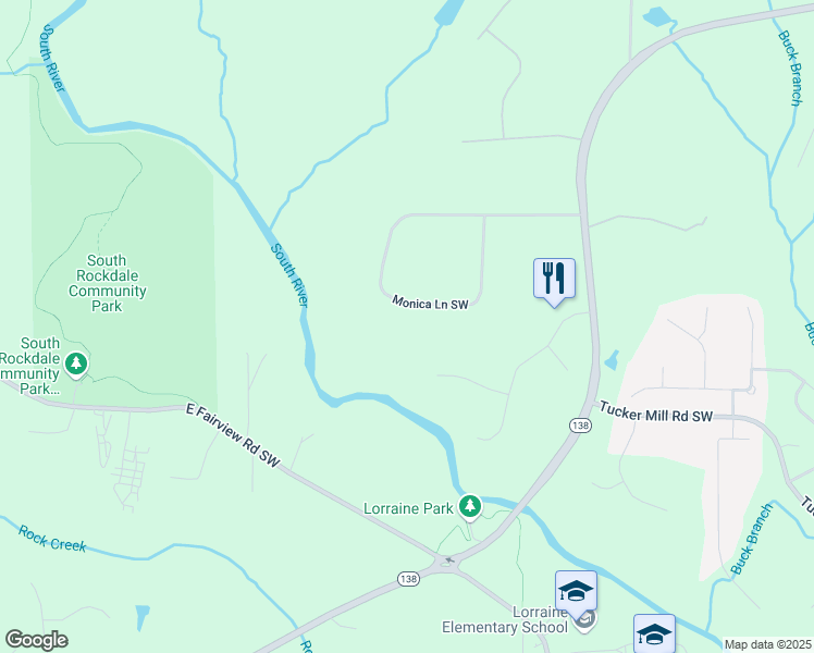 map of restaurants, bars, coffee shops, grocery stores, and more near 3452 Monica Lane Southwest in Conyers