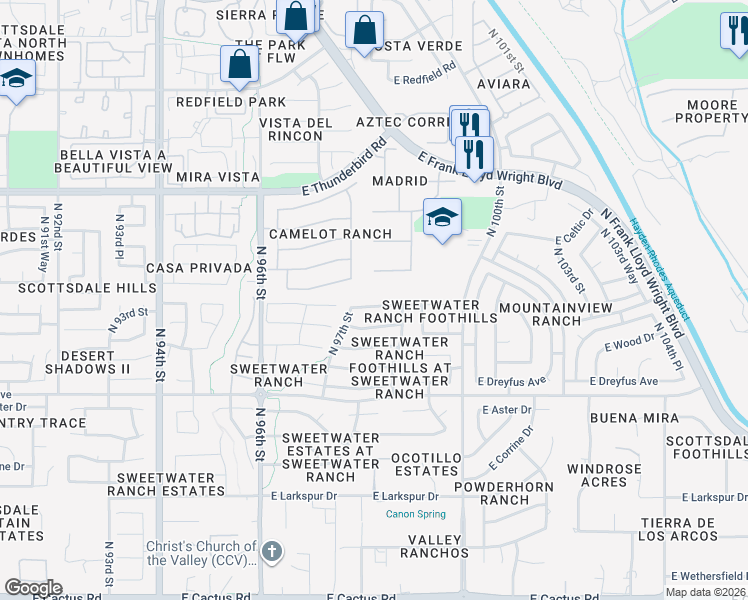map of restaurants, bars, coffee shops, grocery stores, and more near 9811 East Sutton Drive in Scottsdale
