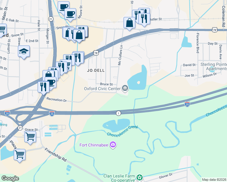 map of restaurants, bars, coffee shops, grocery stores, and more near 517 Central Avenue in Oxford