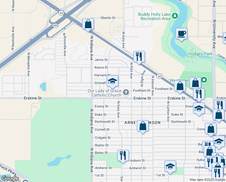 map of restaurants, bars, coffee shops, grocery stores, and more near 3202 Erskine St in Lubbock