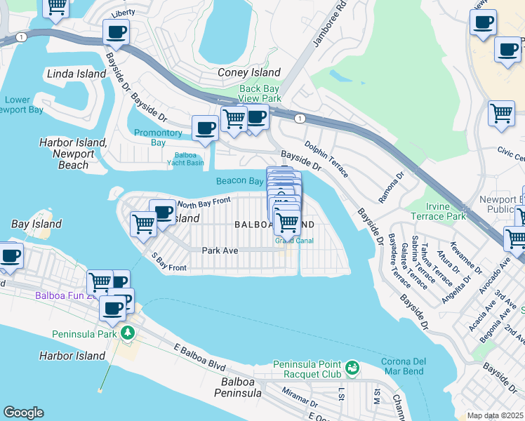 map of restaurants, bars, coffee shops, grocery stores, and more near 310 Amethyst Avenue in Newport Beach